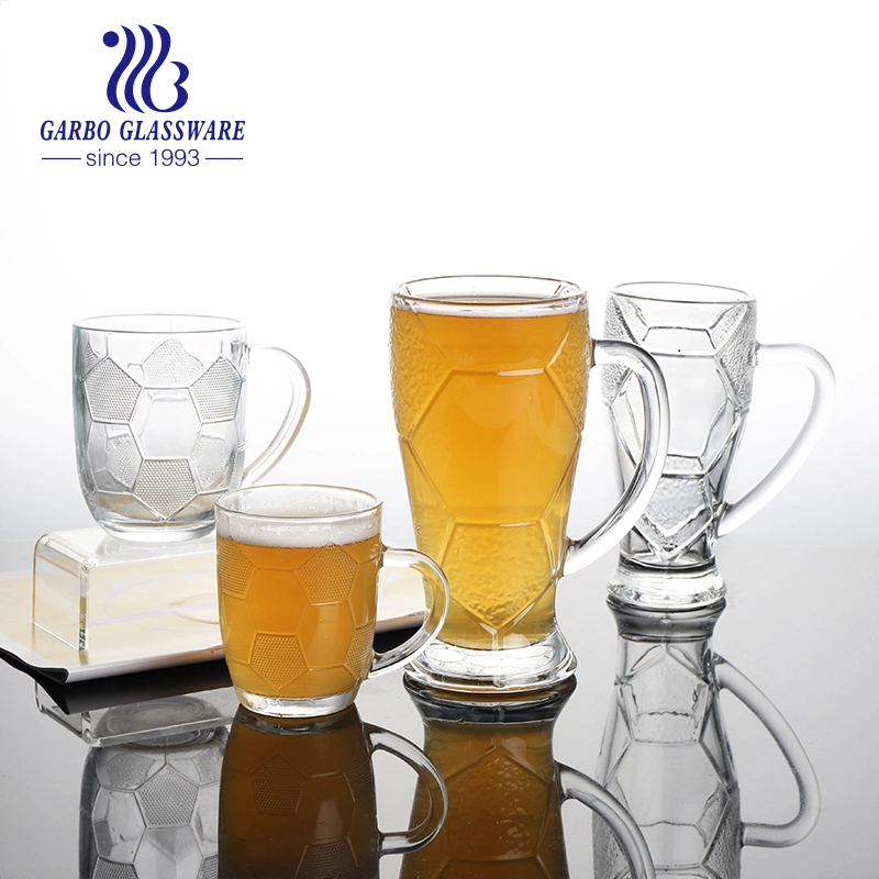 Football Embossing Pattern Beer Glass Mug for Brazil South America Markets High Quality Glass Drinkware Glass Cup with Handle for Beer Drinking