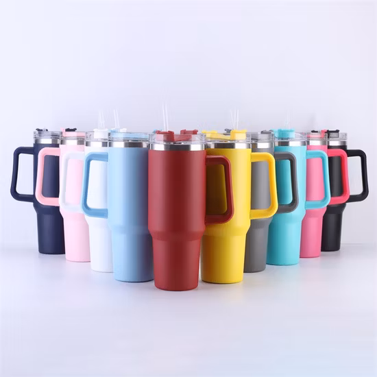 in Stock Custom Travel Coffee Mug Cup 40oz Powder Coated Stainless Steel Tumbler with Handle and Straw